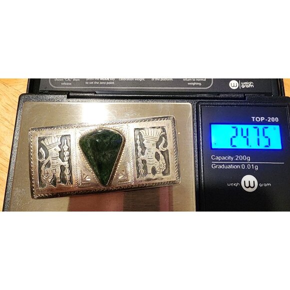 Vintage Sterling Silver Aztec Brooch With Trillion Green Onyx Inlay VERY RARE - Picture 9 of 9